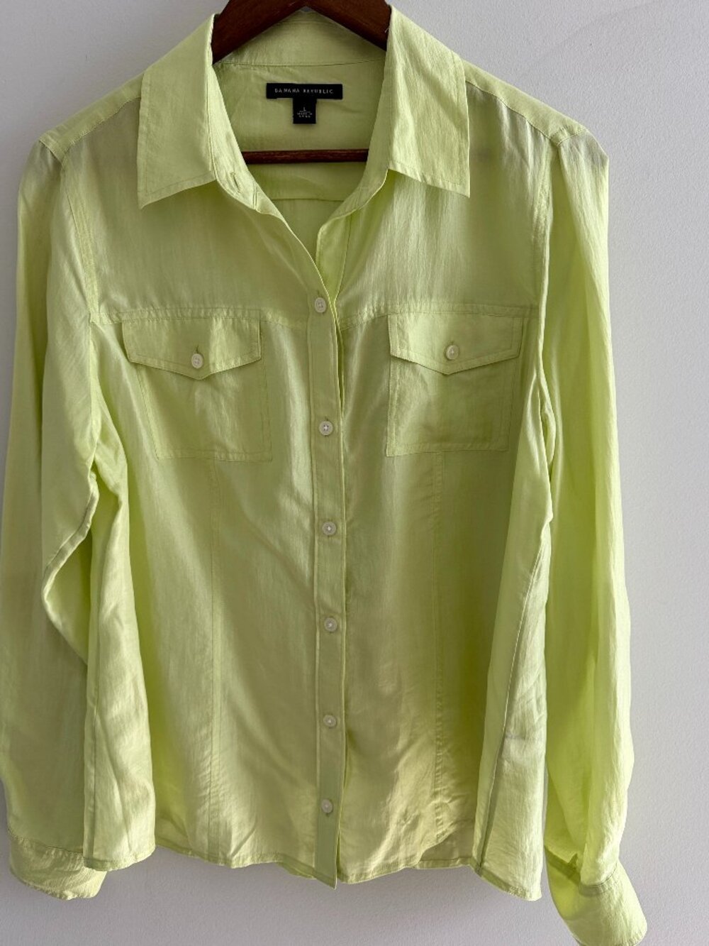 Banana Republic Silk Button Front Blouse Lime Green Utility Pocket Top S